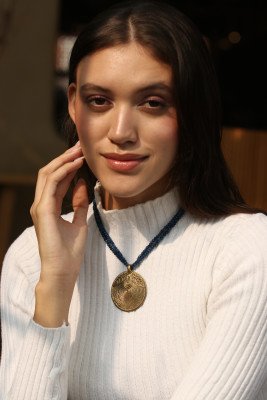 Round leaf Brass necklace with semi precious blue  stone