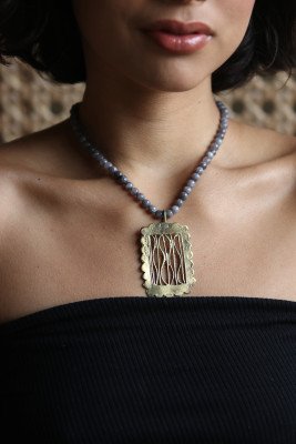 Square Brass pendant with gray semi precious stone necklace