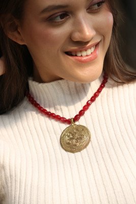 Round Brass necklace with semi precious red  stone