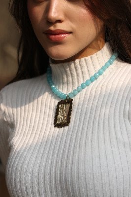 Square Brass necklace with semi precious Sky blue  stone