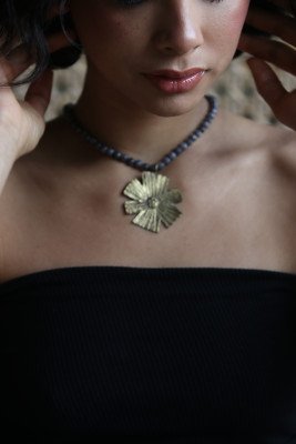 Brass flower pendant with gray semi precious stone necklace