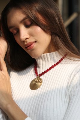 Round leaf Brass necklace with semi precious emerald  stone