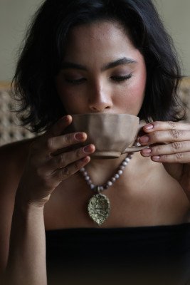 Leaf Brass Pendant with semi precious stone necklace