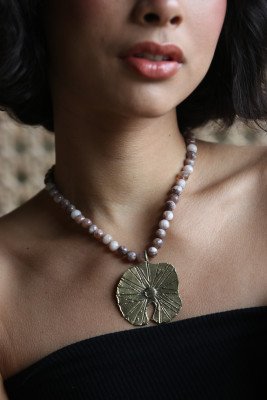 Asymmetric Flower brass Pendant with semi precious stone Necklace