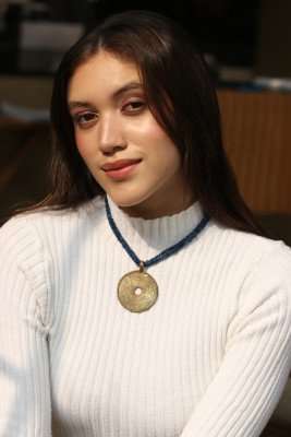 Round Brass necklace with semi precious blue  stone